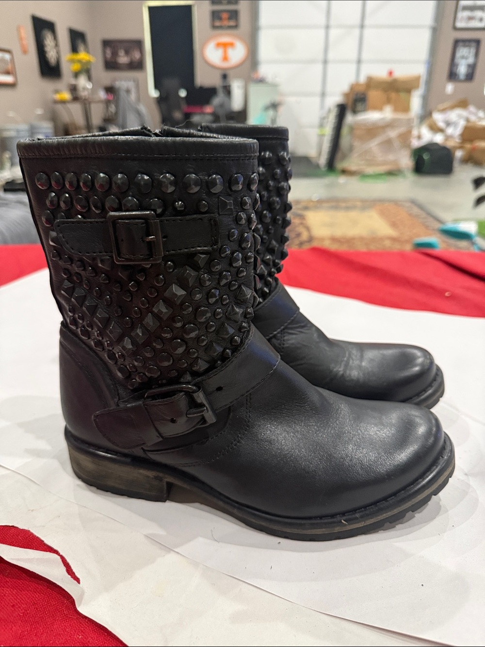 Steve Madden Black Studded Leather Mid-Calf Combat Boots